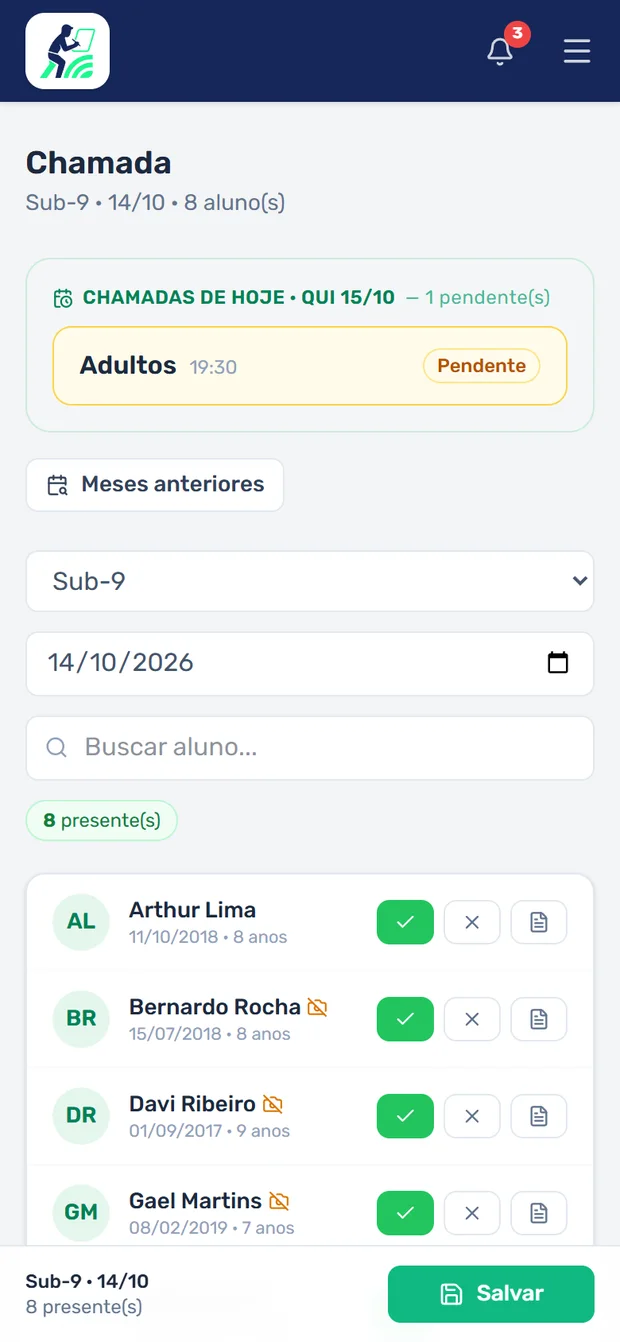 Tela de chamada com a lista de alunos da turma